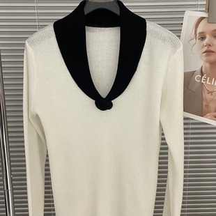 Cecil女生温柔风洋气撞色领V领针织衫 含31.4绵羊毛