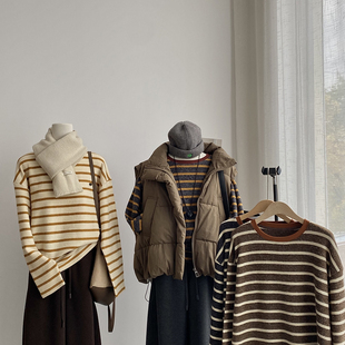 Cecil冬上新韩国仿兔绒超软糯条纹宽松保暖长袖 2507 T恤YS3