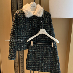 5156 仿毛毛领不可拆卸 高腰半身裙套装 Cecil毛呢短外套