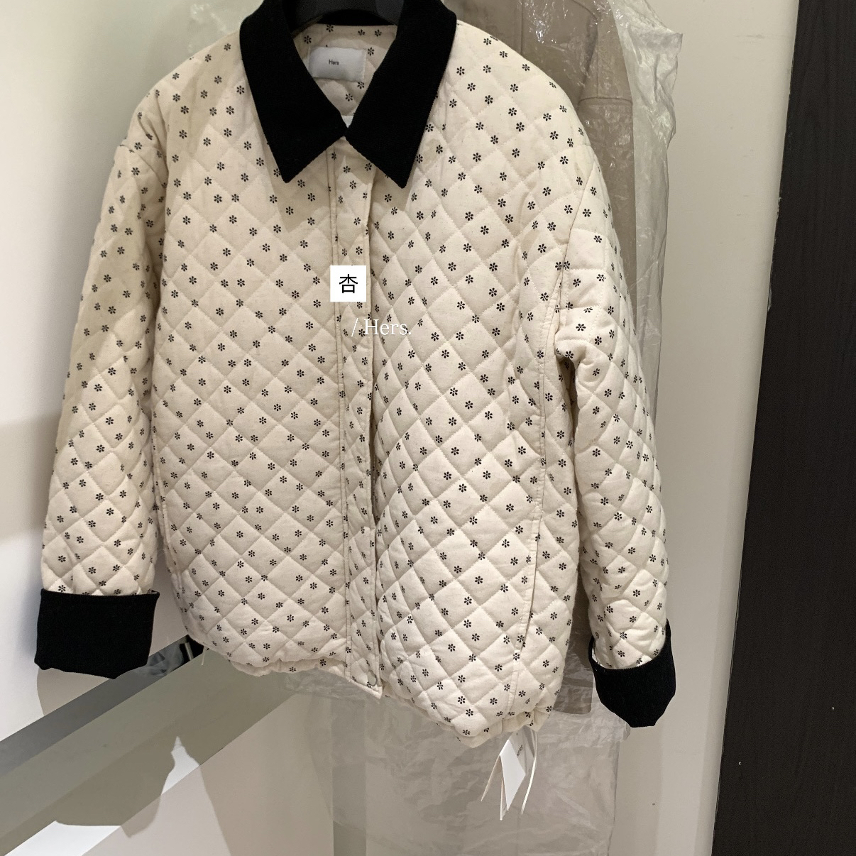 Cecil冬上新韩系简约复古撞色Polo领小碎花保暖棉服外套92626