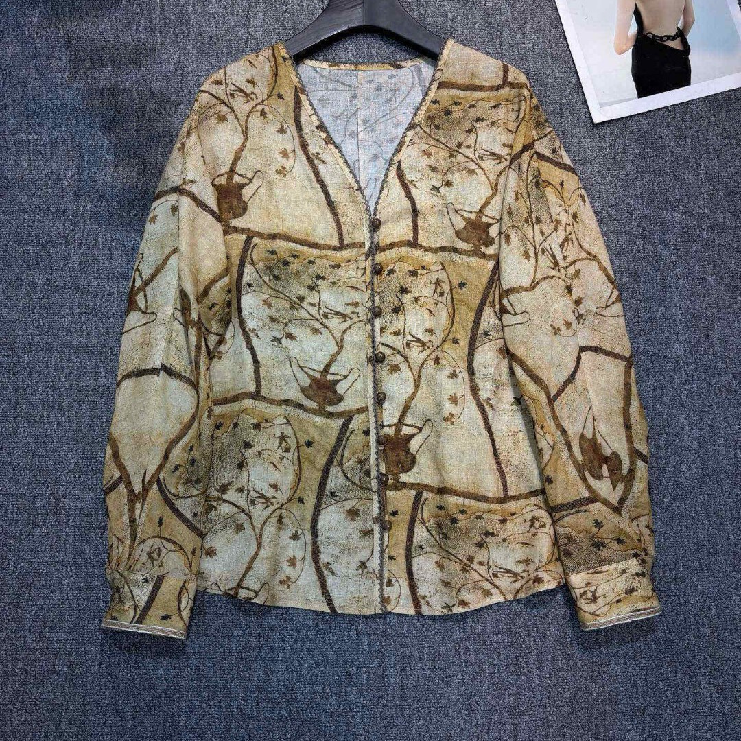 可可-6夏上新高级感V领定位印花时尚衬衣亮眼单品小衫YS76-G508