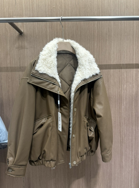 Cecil复古风洋气工装毛领拼接皮质保暖棉服外套i06107