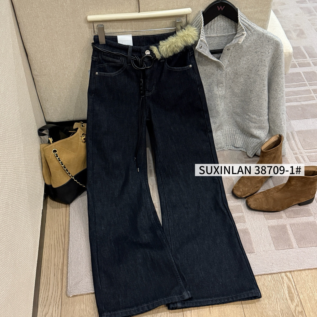 Cecil配千禧风腰带搭配时尚筒喇裤牛仔裤(配腰带)38709-1