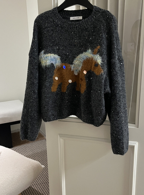 可可提花重工亮片圆领套头百搭宽松显瘦长袖毛衣D8212