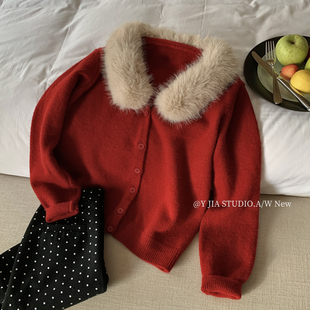 1367 配可拆卸仿狐狸毛毛领 保暖毛衣 Cecil宽松显瘦开衫
