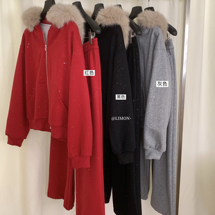 9395 套装 Cecil期松弛～减龄加绒毛领连帽卫衣外套 阔腿休闲裤