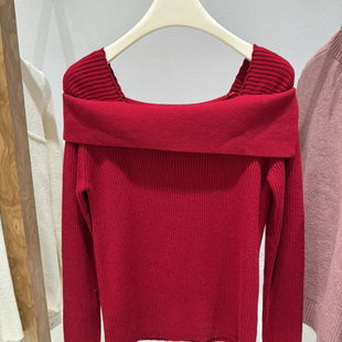 H129 依诺仟金 Cecil计感一字肩坑条保暖毛衣 含100绵羊毛