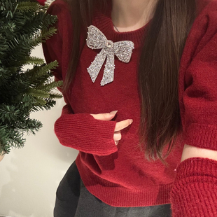 可拆卸蝴蝶结 Cecil拼袖 套 配袖 S8069 百搭显瘦针织保暖毛衣