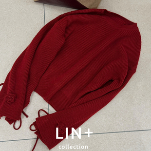 ZO0 含15.2兔毛 Cecil毛钩花系带氛围感粗针法式 浪漫保暖毛衣