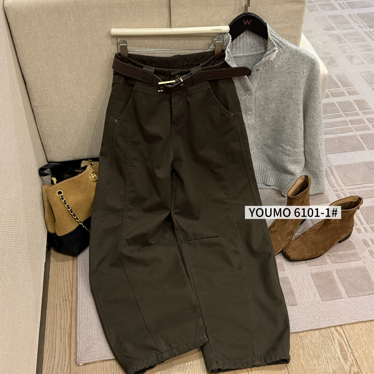 Cecil式工装风弯刀裤直筒宽松水洗牛仔裤(配腰带)6101-1