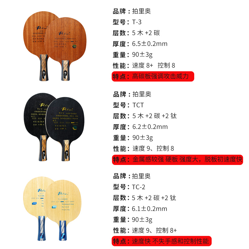 拍里奥TCT乒乓球底板T3乒乓球拍TC2板兵乓球板快攻碳素专业级光板