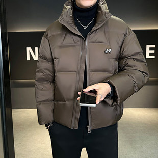 冬季宽松个性设计感立领短款羽绒服男美式帅气保暖白鸭绒外套潮牌
