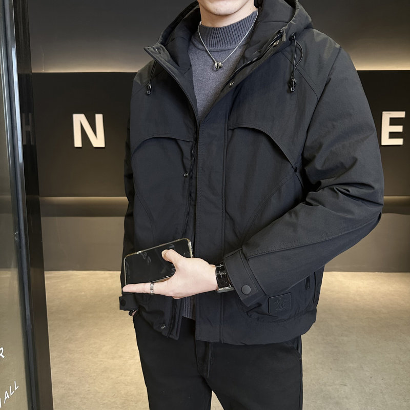 冬季痞帅连帽羽绒服男轻薄潮牌工装加厚高级感保暖防寒夹克上衣服