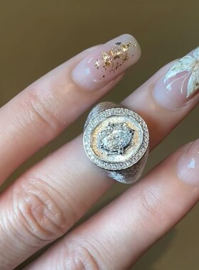 意大利设计中古风纯银S925拉丝缎面工艺高烫钻重工八芒星戒指