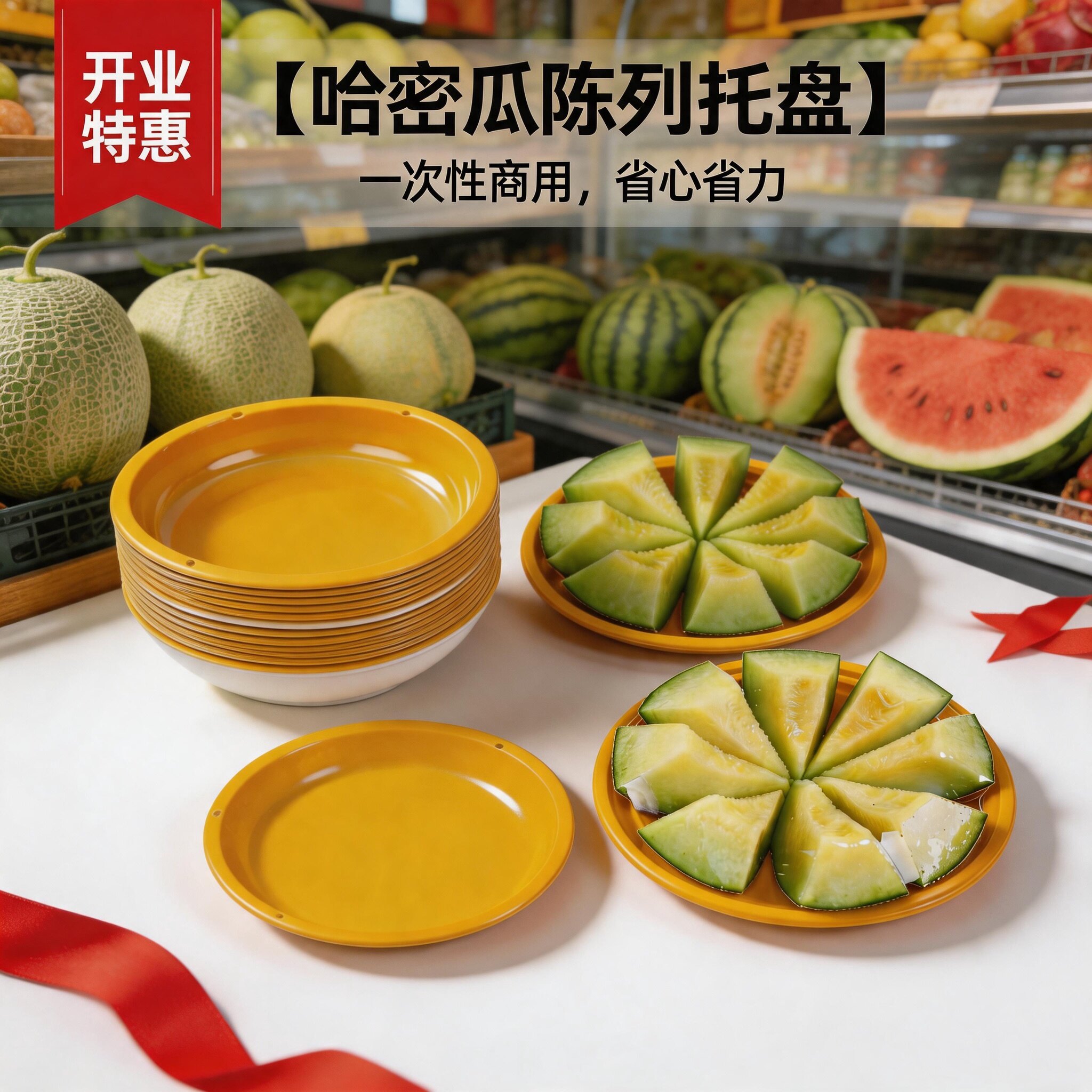 精品蜜瓜陈列托盘 双色设计美观耐用食品级PP材质防刮防摔柠檬黄