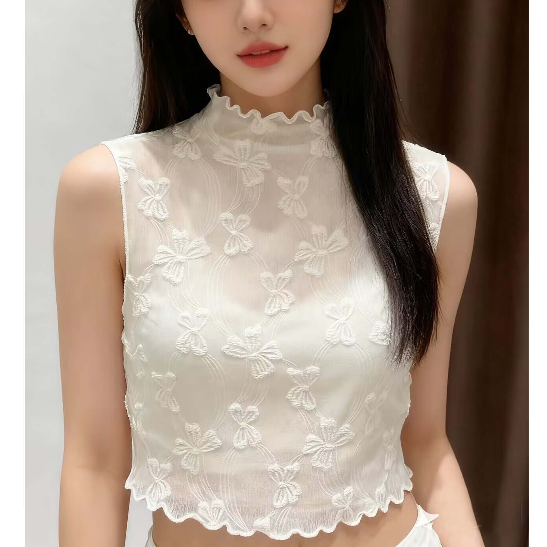 叠穿蕾丝假领子女百搭高档木耳边半高领无袖背心网纱打底衫内搭