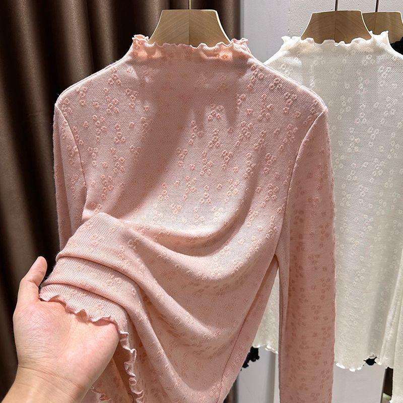 木耳边针织提花蕾丝半高领打底衫女秋冬新款软糯内搭薄款宽松上衣