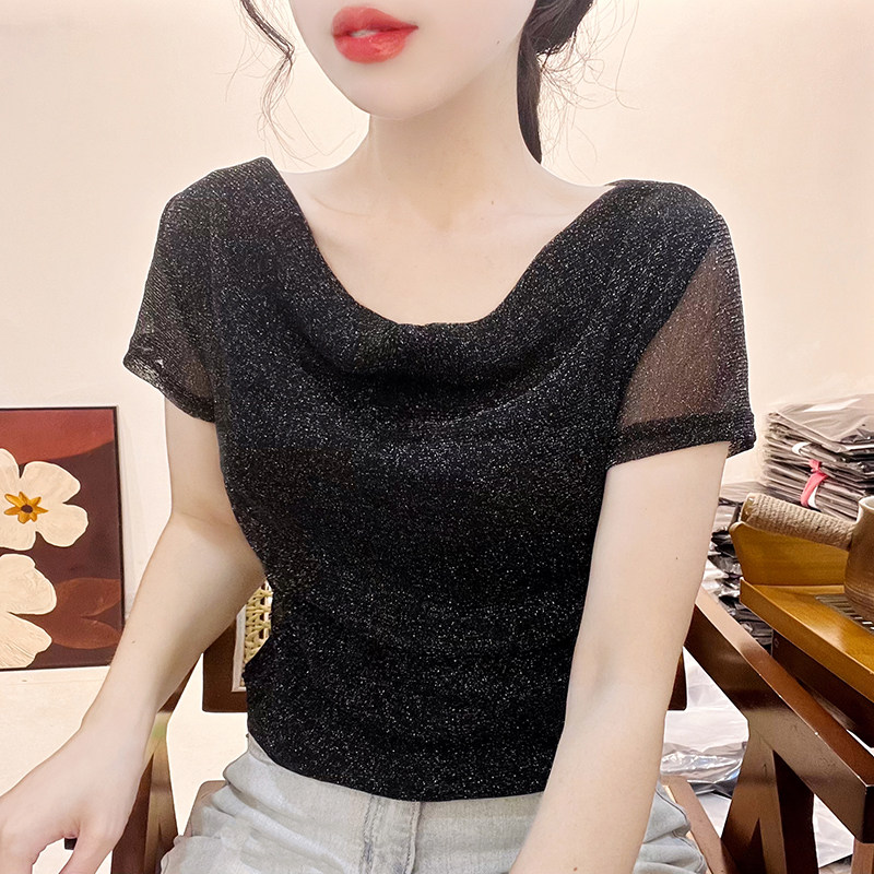 粉色甜美多巴胺穿搭女夏短袖一字肩荡领T恤薄纱褶皱收腰网纱上衣图片