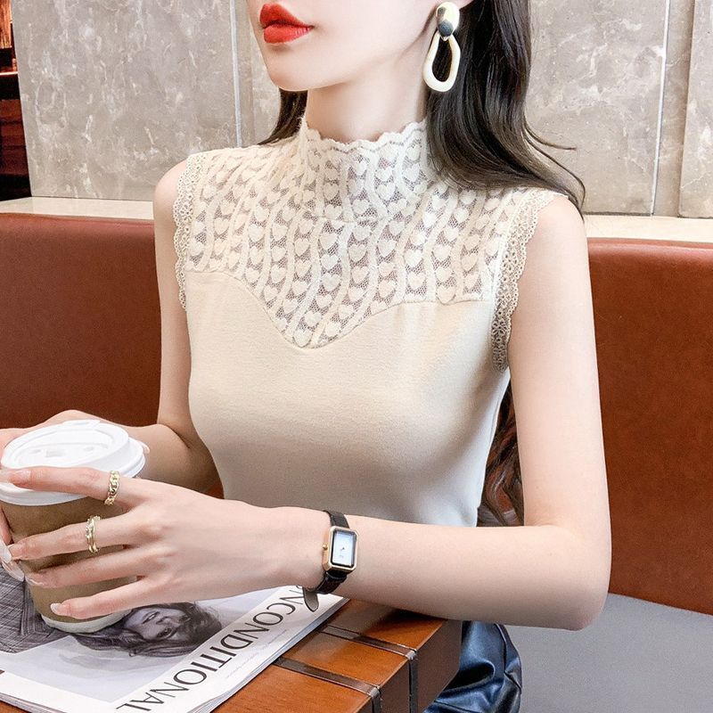 打底衫德绒澳绒秋冬加厚保暖背心女蕾丝拼接无袖背心女保暖上衣潮