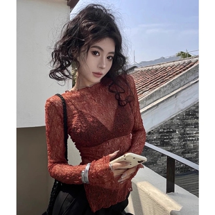 小心机性感镂空蕾丝透视长袖T恤女夏季设计感修身弹性不规则上衣