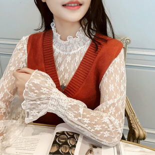 2023春季蕾丝打底长袖雪纺衬衫女高领波点网纱内搭很仙的上衣洋气