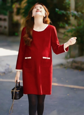 大码孕妇红色打底连衣裙秋冬小个子加厚孕妇打底毛呢连衣裙中长款