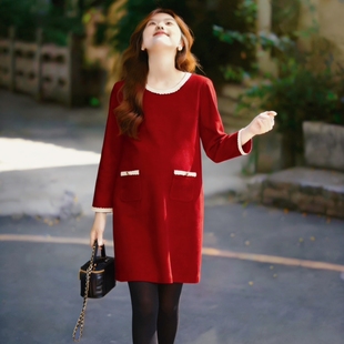 大码孕妇红色打底连衣裙秋冬小个子加厚孕妇打底毛呢连衣裙中长款