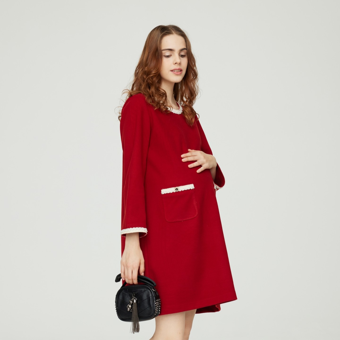 孕妇装2025新款冬装打底内搭红色连衣裙加厚孕妈法式连衣裙毛呢裙