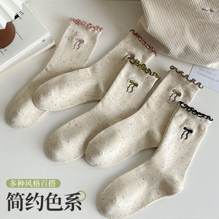 春秋季棉袜蝴蝶结刺绣袜子女可爱木耳花边堆堆袜中筒无骨月子袜