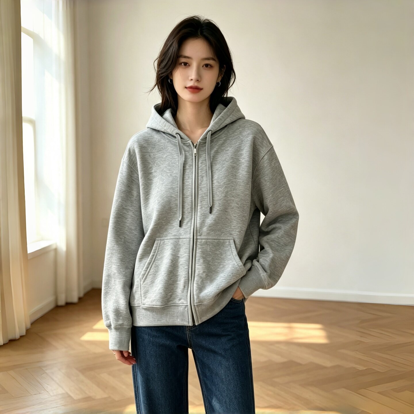 秋冬慵懒风连帽拉链卫衣女宽松