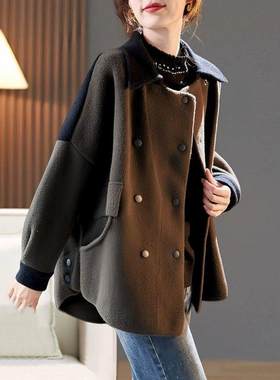 主慕翻领蝙蝠袖双排扣拼接外套女