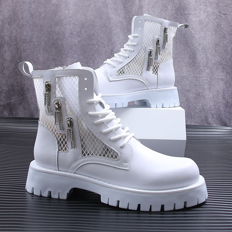 夏季马丁靴男镂空透气厚底短靴白色拉链高帮鞋帅气青年机车靴子潮