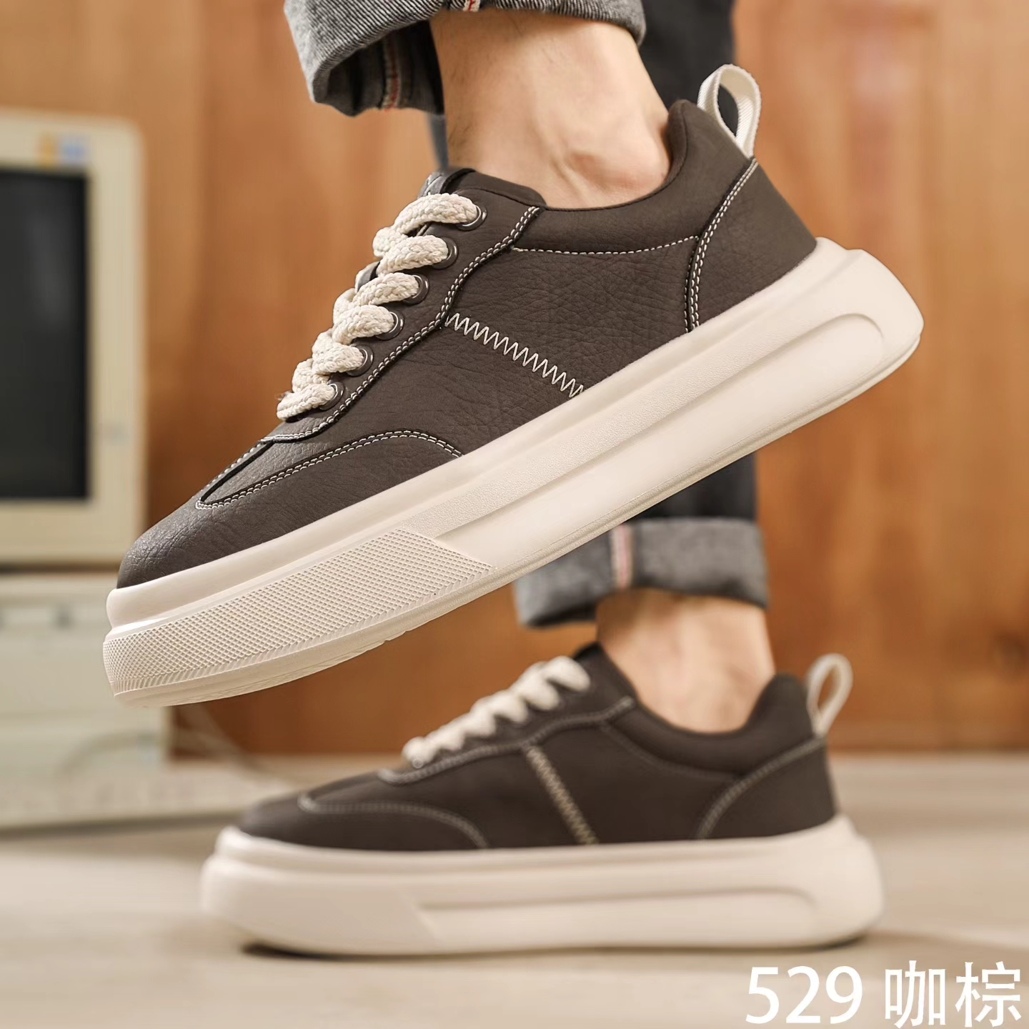 潮牌板鞋男士时尚厚底增高小白鞋