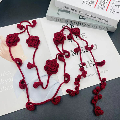 针织红色玫瑰花腰带女士