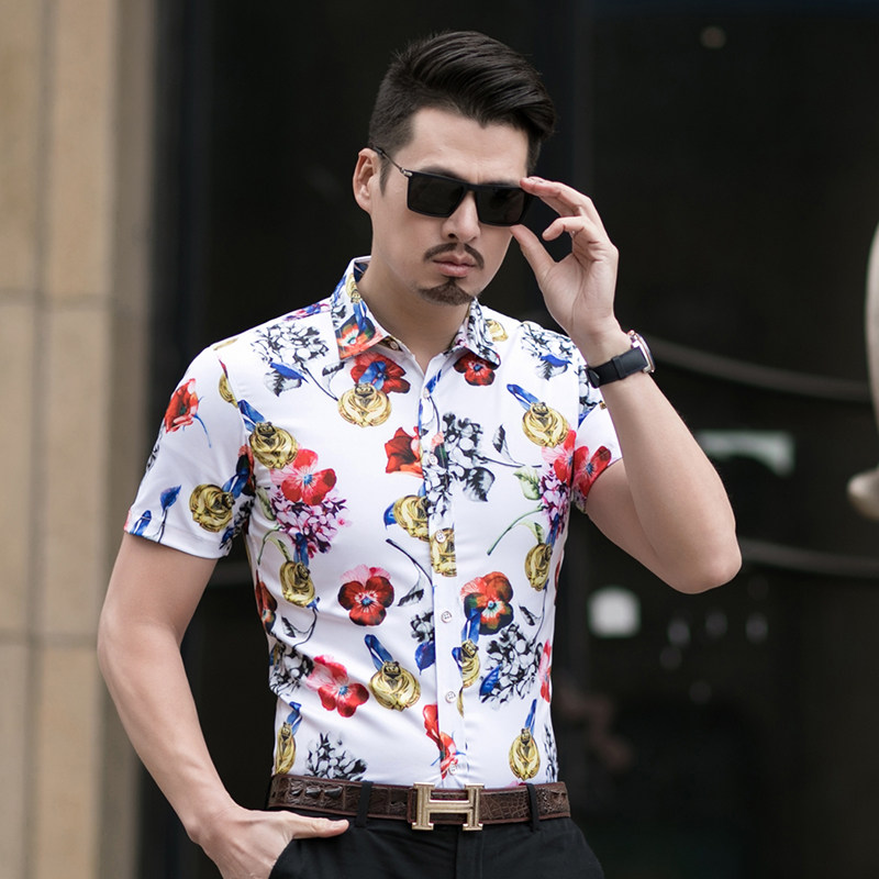男式花衬衫短袖大码男韩版花色衬衫短袖C231p45模特图,男装衬衫,星座1203