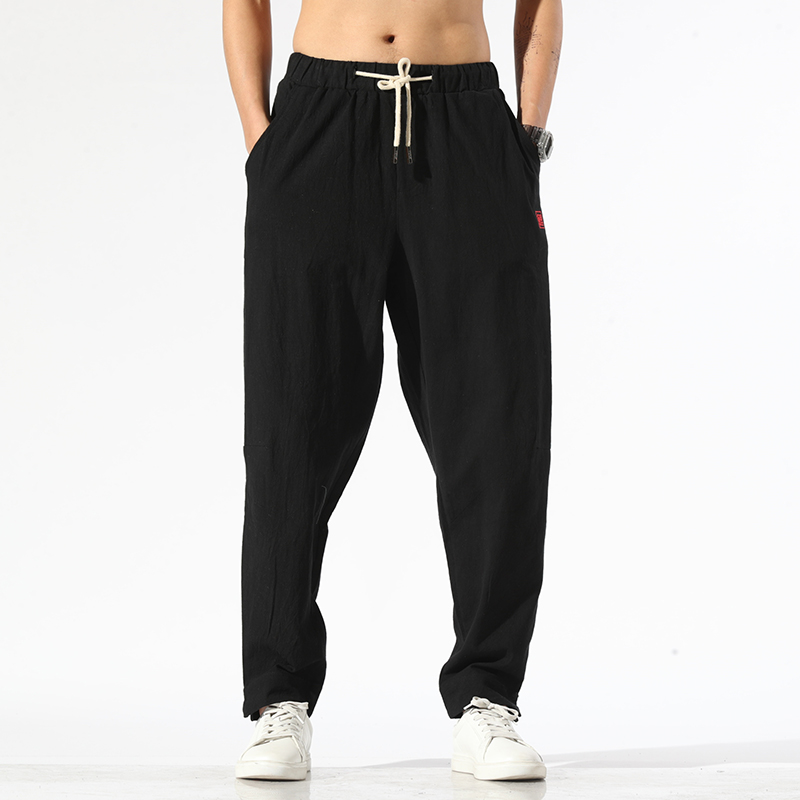 QT5012春款中国风刺绣休闲长裤棉麻加大码松紧腰哈伦裤K11p55，男装休闲裤，星座1203