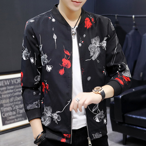 新款夹克春装潮男花色大码夹克休闲男青年修身外套JK821p65模特图片
