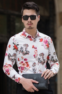 主推春款男弹力衬衫长袖印花加肥大码青年长袖衬衫C616p50图片