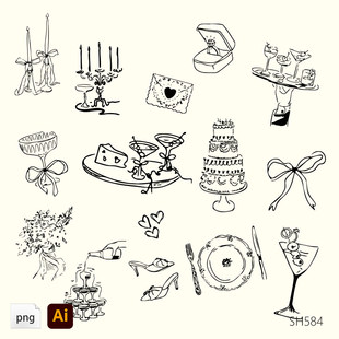 婚礼线条图标集邀请函菜单手绘插图蜡烛餐盘捧花鸡尾酒蝴蝶结素材