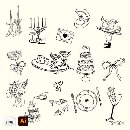 婚礼线条图标集邀请函菜单手绘插图蜡烛餐盘捧花鸡尾酒蝴蝶结素材