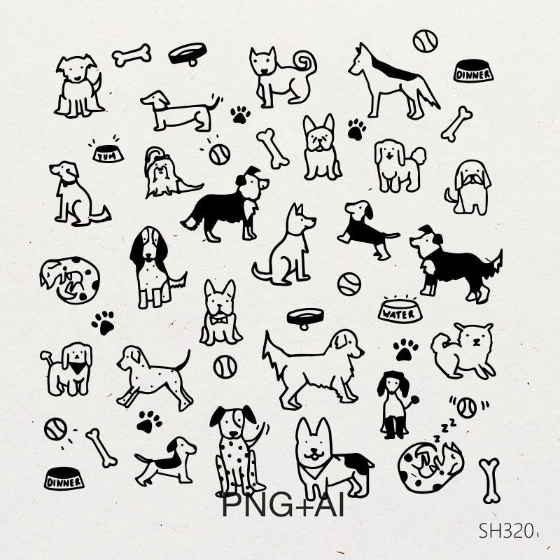 手绘多品种样式狗狗图标可爱的狗草图邀请函请柬素材插画图标设计