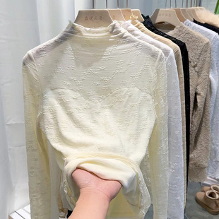 半高领蕾丝打底衫女2023秋冬装新款内搭上衣加绒木耳边高级感小衫