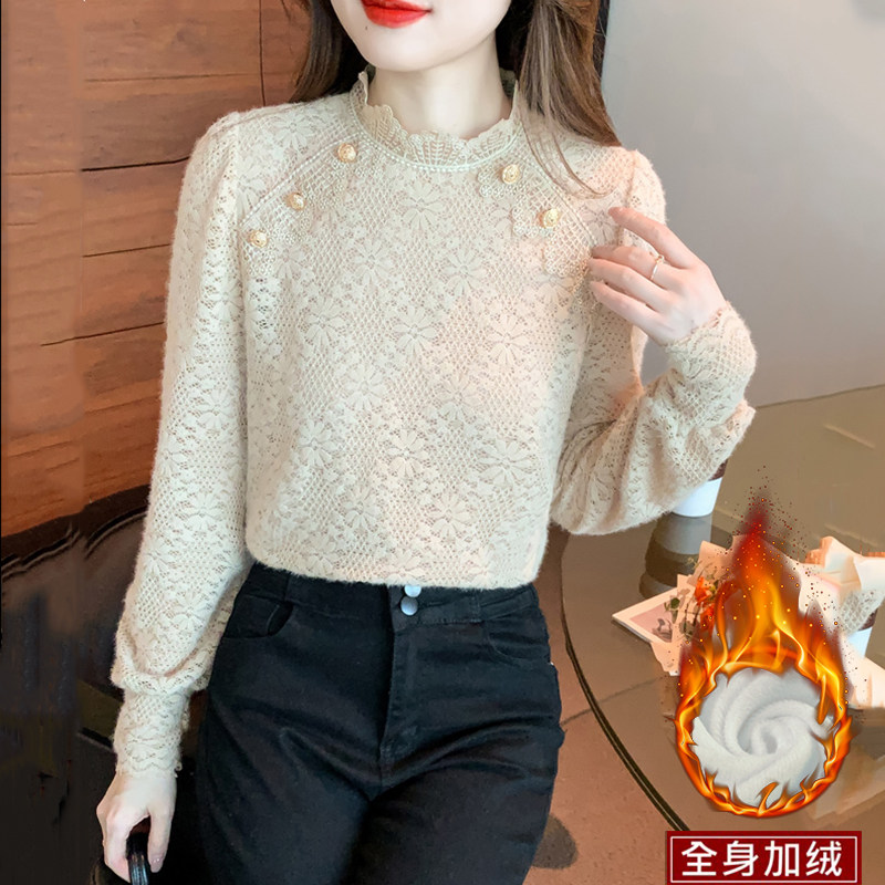 秋冬磨毛水貂绒蕾丝衫加绒加厚半高领打底衫百搭洋气保暖内搭小衫