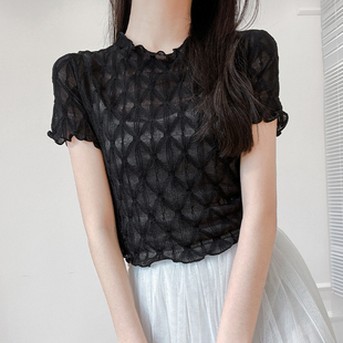 内搭微透网纱木耳边短袖上衣女夏季短款蕾丝t恤吊带连衣裙新款