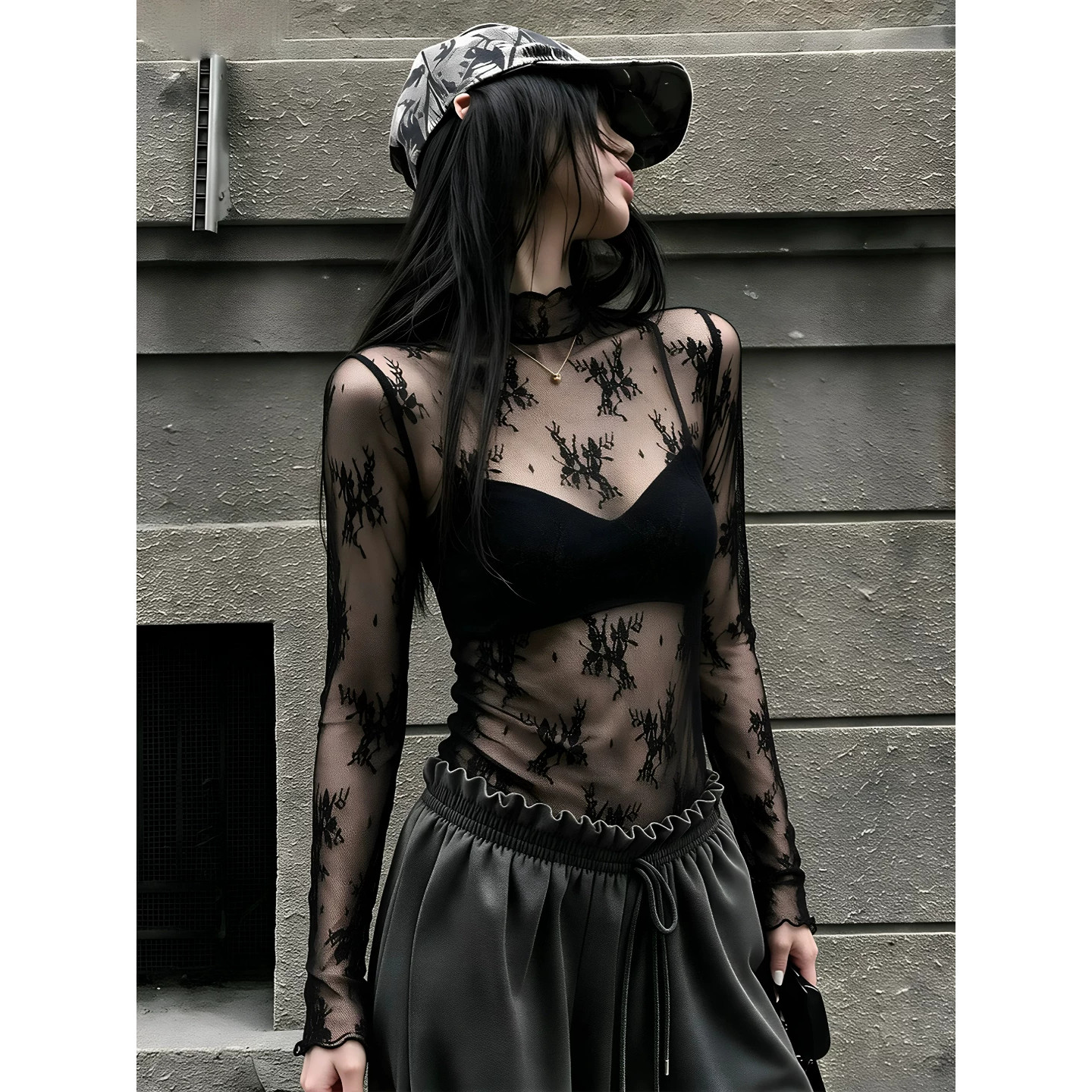 辣妹风半高领透视长袖蕾丝衫女早秋性感修身气质毛衣内搭打底上衣