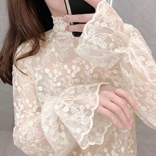 小衫 新款 高领洋气内搭镂空气质时髦网纱上衣 女2021春季 蕾丝打底衫