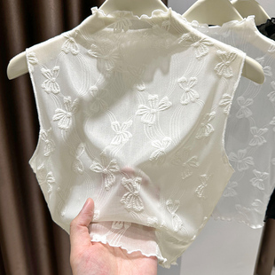高档木耳边无袖背心修身网纱高领打底衫秋花边领蕾丝假领子百搭女
