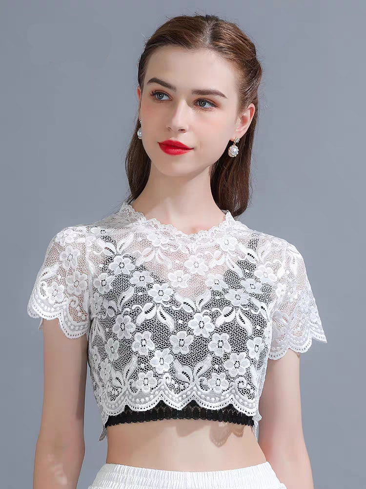 蕾丝上衣2023夏装性感低领内搭罩衫短款短袖薄半截网纱打底衫半身