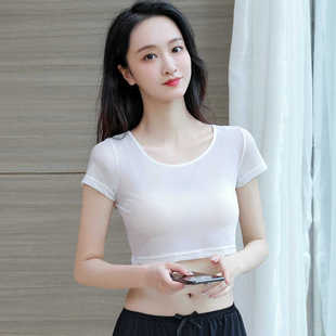 透视半截网纱打底衫女短袖t恤内搭透明紧身半身薄纱短款蕾丝上衣