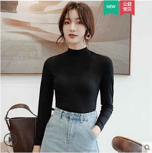 长袖t恤打底衫女莫代尔韩版修身内搭黑色半高领秋冬紧身中领上衣